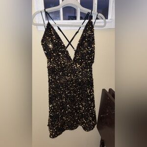 Black and Gold Sequin V-Neck Prom Dress with Crisscross Back